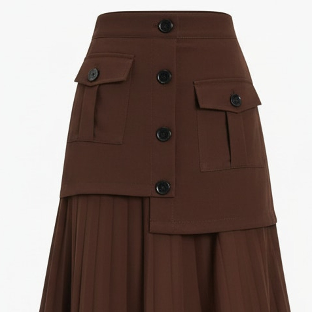 Commense Asymmetrical Pleated Skirt Brown Button Pockets S NWT Modern Minimalist